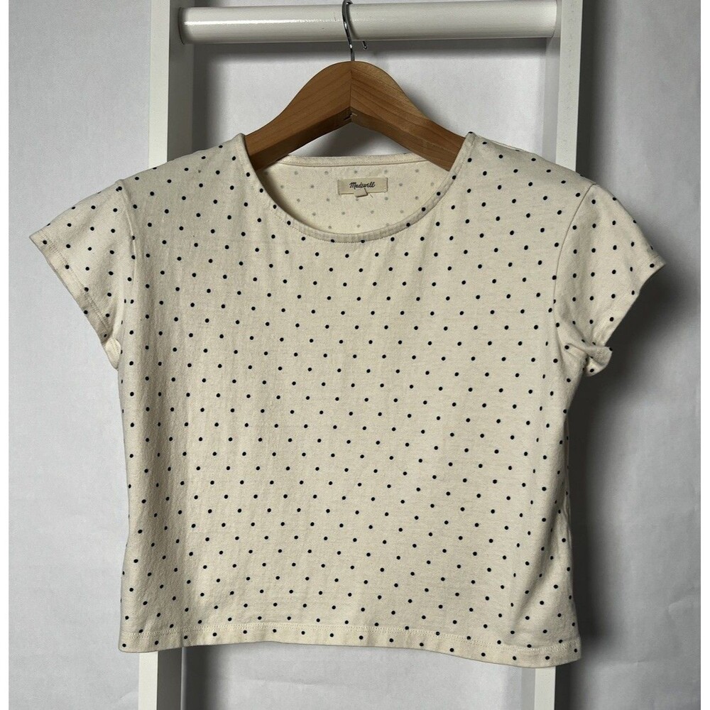 Madewell Knit Crop Top Womens S Cream Black Polka Dots Short Sleeve Round Neck